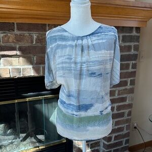 NWOT NIC+ZOE Watercolor Cold Shoulder Ocean Silk Blouse Size S